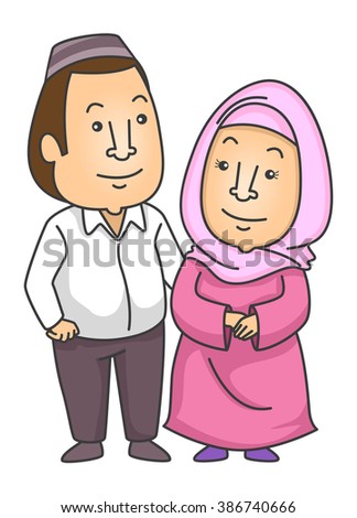 Illustration of a Muslim Couple Wearing a Taqiyah and Hijab