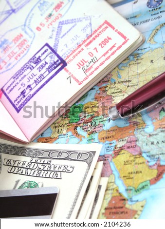 International Travel Series (Passport, map, pen, hundred dollar bills, credit card)