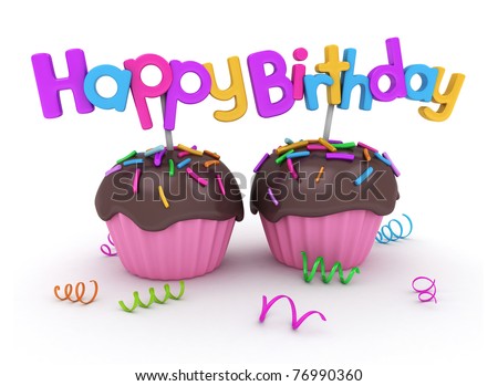 3d Illustration Of Twin Cupcakes With Birthday Greetings Attached ...