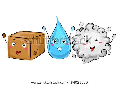 Colorful Illustration of a Box, a Water Droplet, and a Cloud of Gas Demonstrating the Phases of Matters