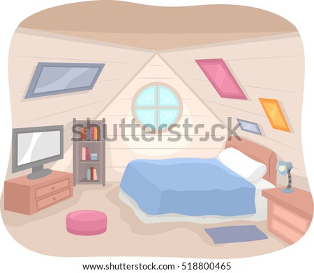 Illustration Featuring the Interior of an Attic Complete with a Bed, a Shelf, and a TV Set