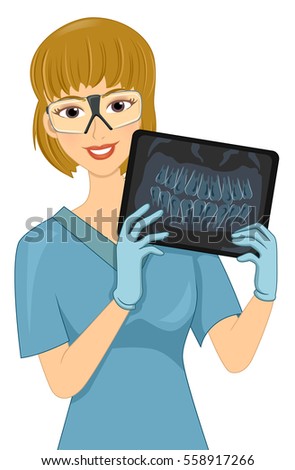 Illustration of a Female Radiologic Technician Showing the X-ray of a Set of Teeth