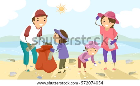 Stickman Illustration of a Family Picking Litter Off the Beach During a Coastal Cleanup