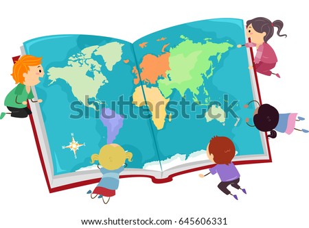 Illustration of Stickman Kids Looking at a Big World Map on an Opened Book