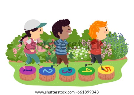 Illustration of Stickman Kids Hopping over Stepping Stones in the Garden Painted with Numbers