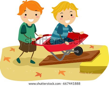 Illustration of Stickman Kids Playing with a Wheel Barrow Going up on an Inclined Plane