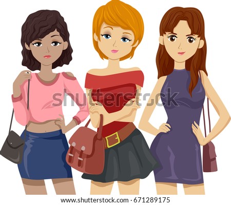 Illustration Featuring a Group of Mean Looking Teenage Girls Forming a Clique