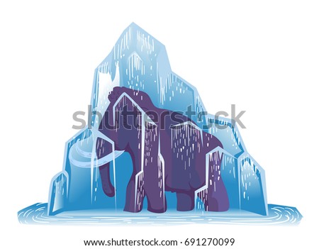 Ice Age Animal Illustration Featuring a Large Woolly Mammoth Frozen Solid