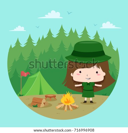 Illustration of a Kid Girl Scout Standing Beside a Bonfire Camping in the Forest