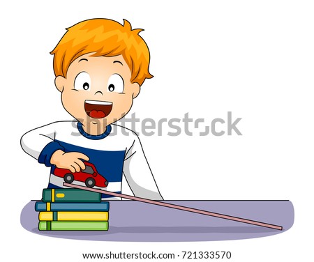Illustration of a Kid Boy Holding a Car on Plank to Demonstrate Acceleration Concept