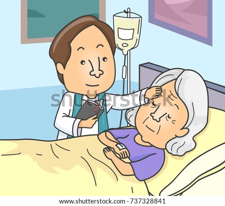 Illustration of a Priest Anointing a Sick Senior in the Hospital