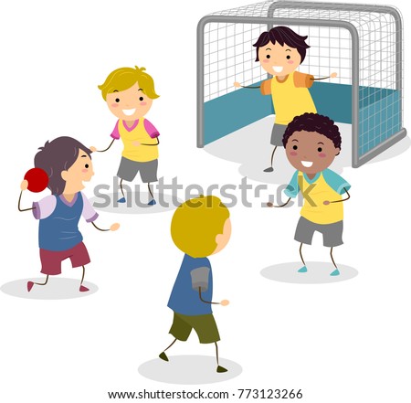 Illustration of Stickman Kids Boys Playing Handball Near the Goal