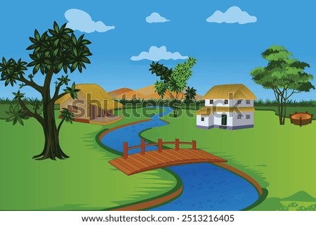 Village Background Illustration. Perfect for animation backgrounds depicting water ponds, houses, bridges, green fields, hills, rural life, and serene natural landscapes