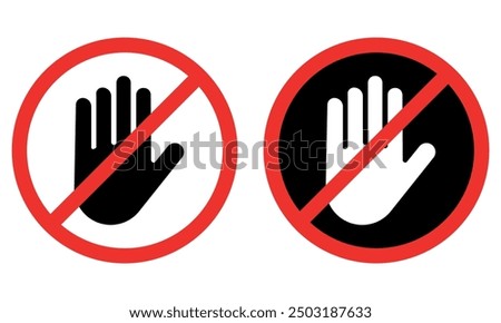 No entry icon. Stop sign. Black and white arm in a red crossed circle. Stop hand symbol vector.