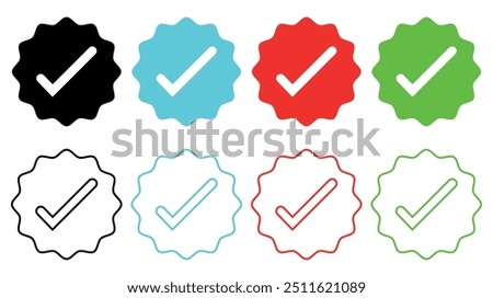 Verified badge icon. Fill and outline Verified account icon. Tick symbol. Mark icon, approved check vector. Social media account verification icons collection.