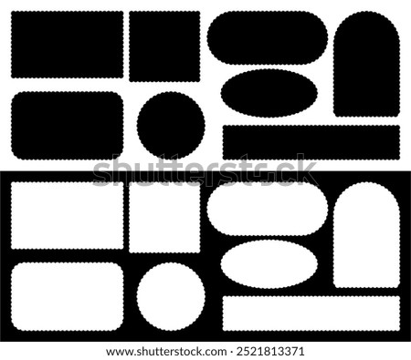 Collection of Scallop frames with black and white fill. Square circle and rectangle shape. Fill decorative collection. Vector illustration lace frill. Simple cute label. 