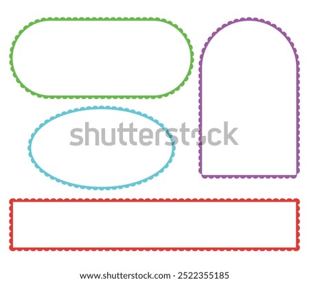 Set of Scalloped frames in different shapes. Rectangle oval and arch frames. Vector illustration isolated on white background.