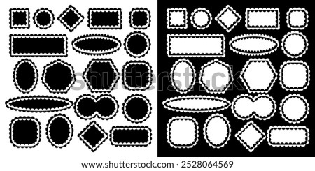 Rough scallop frames with mixture of smooth and sharp shapes. Collection of Scallop frames with black and white fill. Vector illustration lace frill. Square circle and rectangle shape.