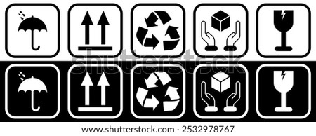 Common Shipping and Handling Symbols for Packaging Safety. Vector illustration isolated on black and white background.