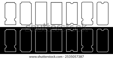 Empty ticket or lottery mockups set. Blank outline  tickets for airplane, concert, cinema, museum, festival, theater and exhibition. Vector illustration isolated on black and white background