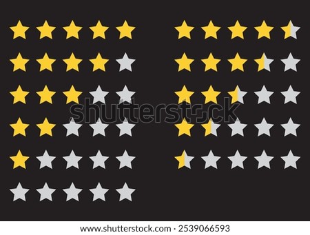 Rating stars widget. Feedback or Rating. Five stars customer product rating system. 5 star rating icons. Vector illustration isolated on black background..