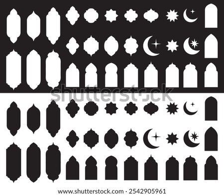 Set of Islamic arches, windows, doors, moon, stars and mosque shape frames for any function and greetings. Black and white fill vector illustration.