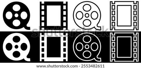 Film Reel and Frame Icons. Cinematic Design Elements. Vector illustration isolated on black and white background with fill and outline style.