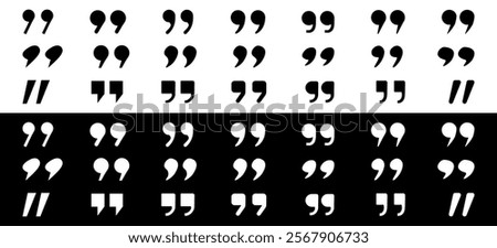 Quote and Quotation Mark Typography Designs in different shapes. Vector illustration isolated on black and white backgrounds.