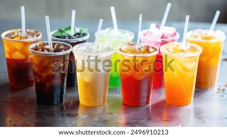 A variety of takeaway drink options, including iced coffee, tea, and juices, in transparent cups with straws. The drinks are colorful and refreshing, appealing to a wide range of tastes.