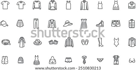 Fashion and Clothing icon set. T-shirt, clothes, sweatshirt, dress, hat, jacket etc.