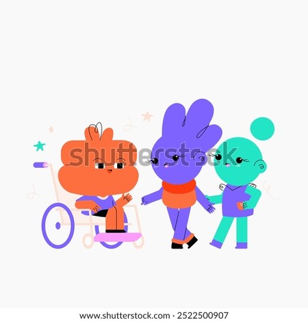 Group of friendly characters, including one in wheelchair, smiling and supporting each other, representing diversity, accessibility, and inclusion. Perfect for promoting community and unity