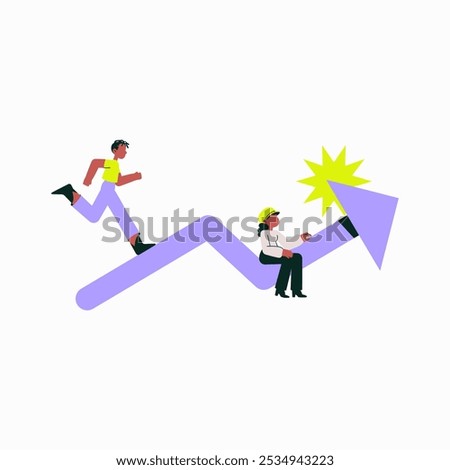 Two People Running Up An Arrow In Flat Vector Illustration Symbolizing Growth, Success, And Business Progress, Isolated On White Background