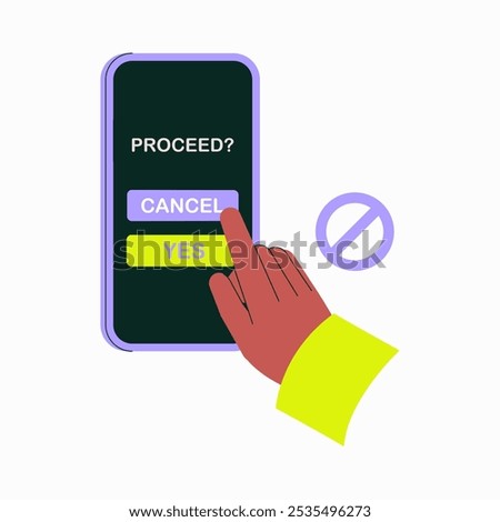 Hand Selecting Cancel Or Proceed Options On Smartphone In Flat Vector Illustration Symbolizing Decision Making, User Interface, And Mobile App Interaction, Isolated On White Background