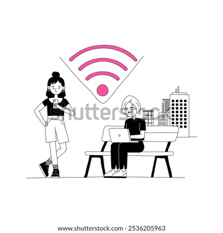 Two Women Enjoying Internet Access In Urban Setting In Flat Vector Illustration Symbolizing Connectivity, WiFi, And Outdoor Work, Isolated On White Background