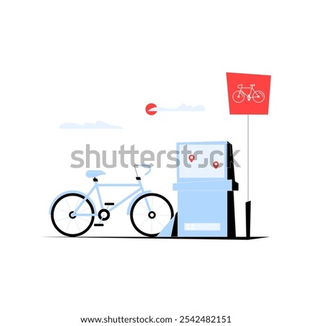 Bicycle Rental Station With Parking Sign And Bicycle In Flat Vector Illustration Symbolizing Urban Transportation, Eco Friendly Travel, And Bicycle Sharing, Isolated On White Background.