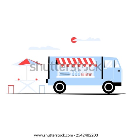 Empty Food Truck Scene In Flat Vector Illustration Symbolizing Street Food Service, Dining Spot, And Urban Food Culture, Isolated On White Background