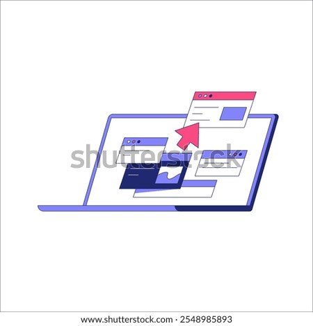 Laptop With Open Browser Tabs And Click Arrow In Flat Vector Illustration Symbolizing Multitasking And Digital Workflows, Isolated On White Background.