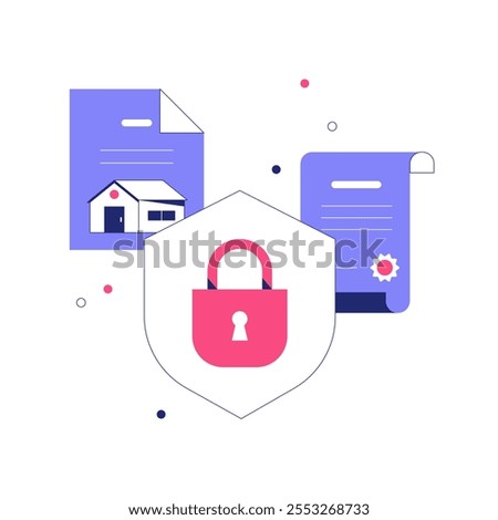 Shield Lock With Property Documents And Certificates In Flat Vector Illustration Symbolizing Secure Transactions, Mortgage Agreements, And Financial Safety, Isolated On White Background