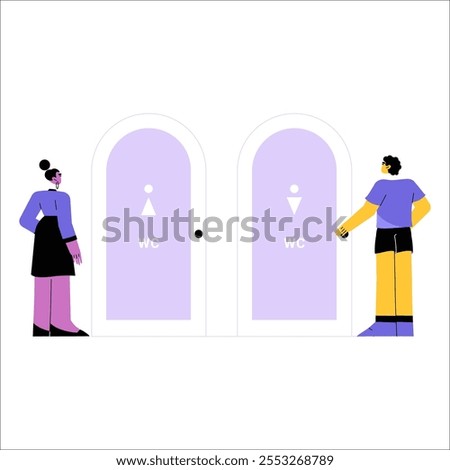 Male And Female Standing At Restroom Doors In Flat Vector Illustration Symbolizing Gender Specific Facilities, Hygiene, And Public Convenience, Isolated On White Background.