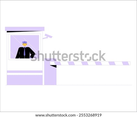 Security Booth With Male Guard In Flat Vector Illustration Symbolizing Safety, Surveillance, And Security, Isolated On White Background.