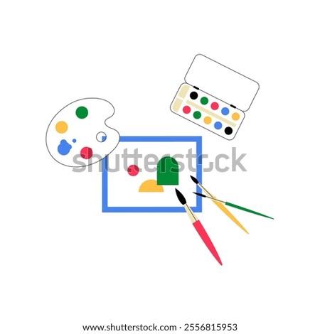 Paint Palette With Brushes And Watercolors In Flat Vector Illustration Symbolizing Painting Tools And Creative Activities, Isolated On White Background