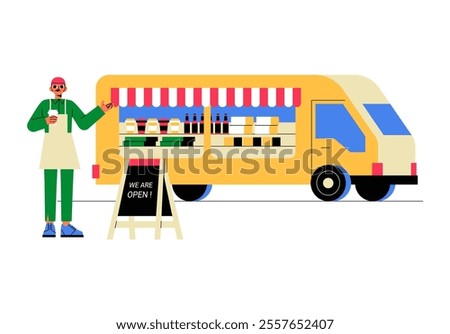 Food Truck With Male Vendor Serving Customers In Flat Vector Illustration Symbolizing Street Food, Mobile Dining, And Culinary Creativity, Isolated On White Background