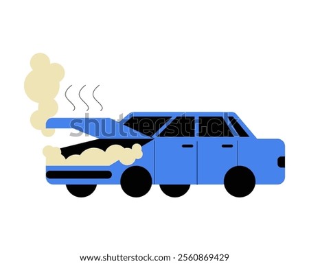 Blue Car With Open Hood And Smoke In Flat Vector Illustration Symbolizing Vehicle Breakdown, Mechanical Issues, And Emergency, Isolated On White Background.