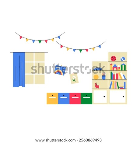 Decorated Classroom Setting With Storage Drawers, Shelves, And Educational Materials Flat Vector Illustration About Learning Environment, Creativity, And Education, Isolated On White