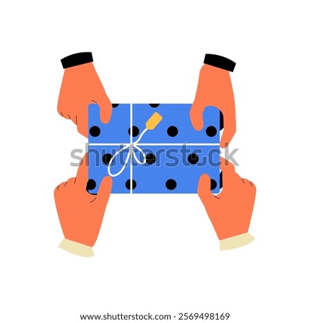 Multiple Hands Exchanging A Wrapped Gift Box In Flat Vector Illustration Symbolizing Sharing, Celebration, And Gift Exchange, Isolated On White Background