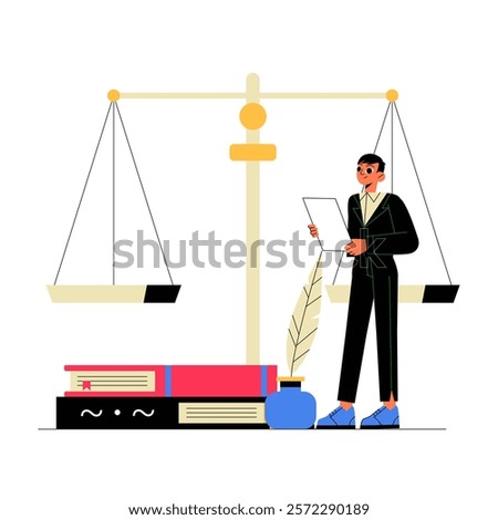 Male Legal Professional Reading Document Next To Scales Of Justice In Flat Vector Illustration Symbolizing Law, Balance, And Accountability, Isolated On White Background.