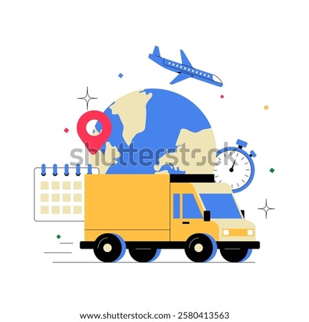 Global Logistics With Delivery Truck, Airplane, Calendar, And World Map. Flat Vector Illustration About International Shipping, Supply Chain, And Worldwide Distribution, Isolated On White