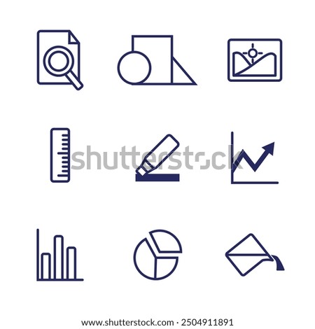 Icon set of chart, ruler, find, and picture with outlined style.