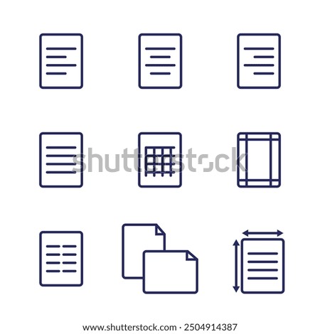 Icon Set of text alignment and sheet layout with outlined style.