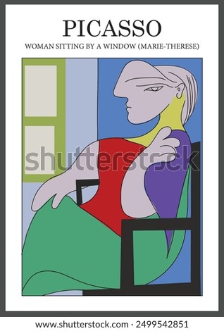 Woman sitting by the window of  Pablo Picasso. Poster vector illustration of Marie-Therese with splashes of color and strokes. Printed paintings to hang in the living room, decorate the house, office,